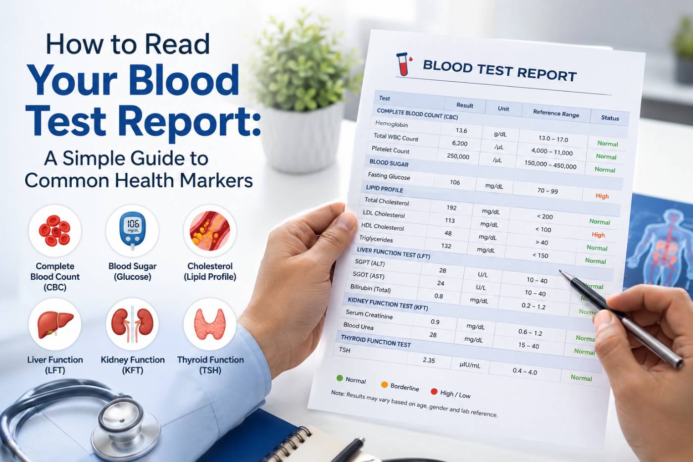 Blood test report showing common health markers, i