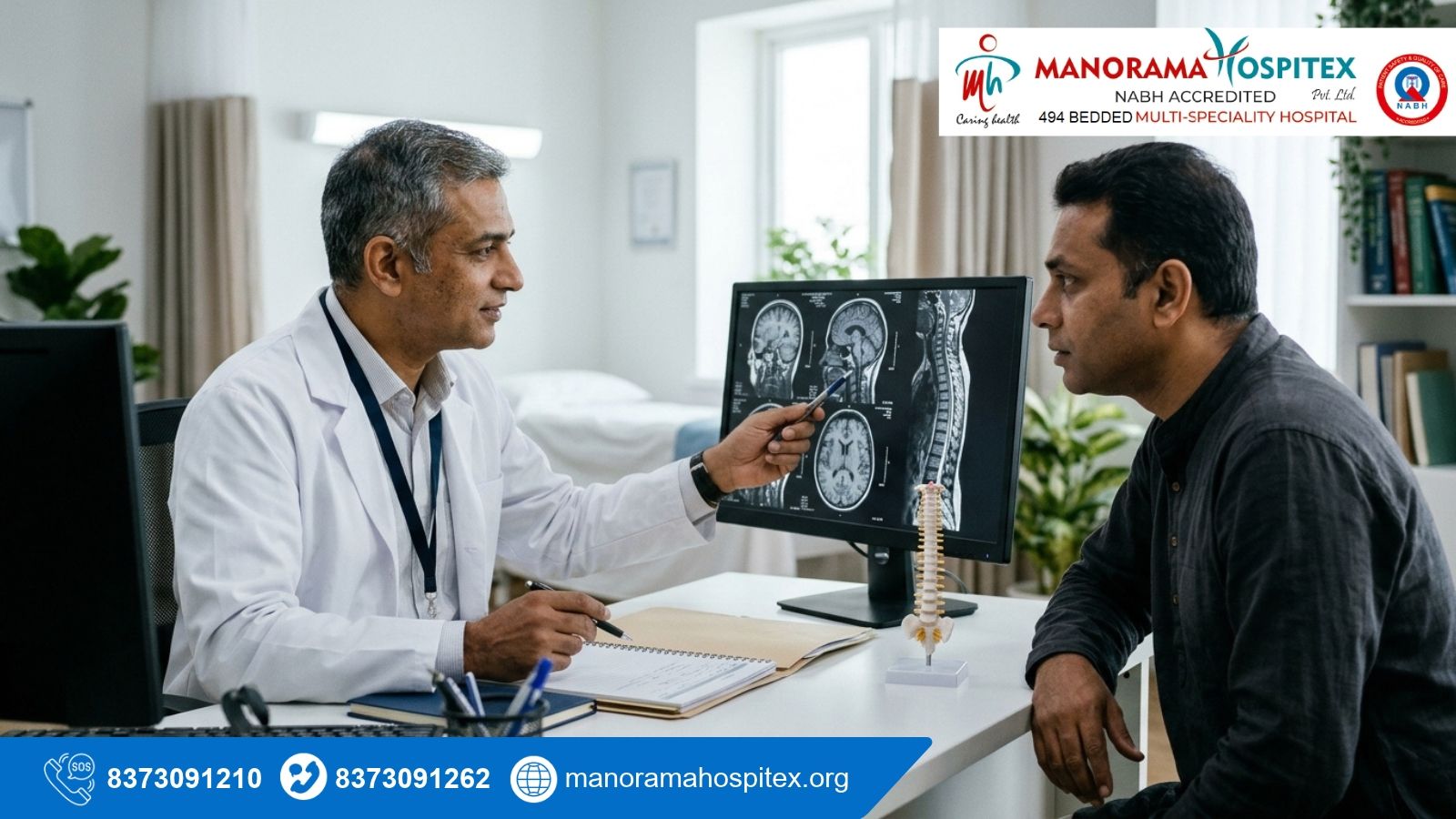 Neurosurgeon discussing brain and spine scan resul