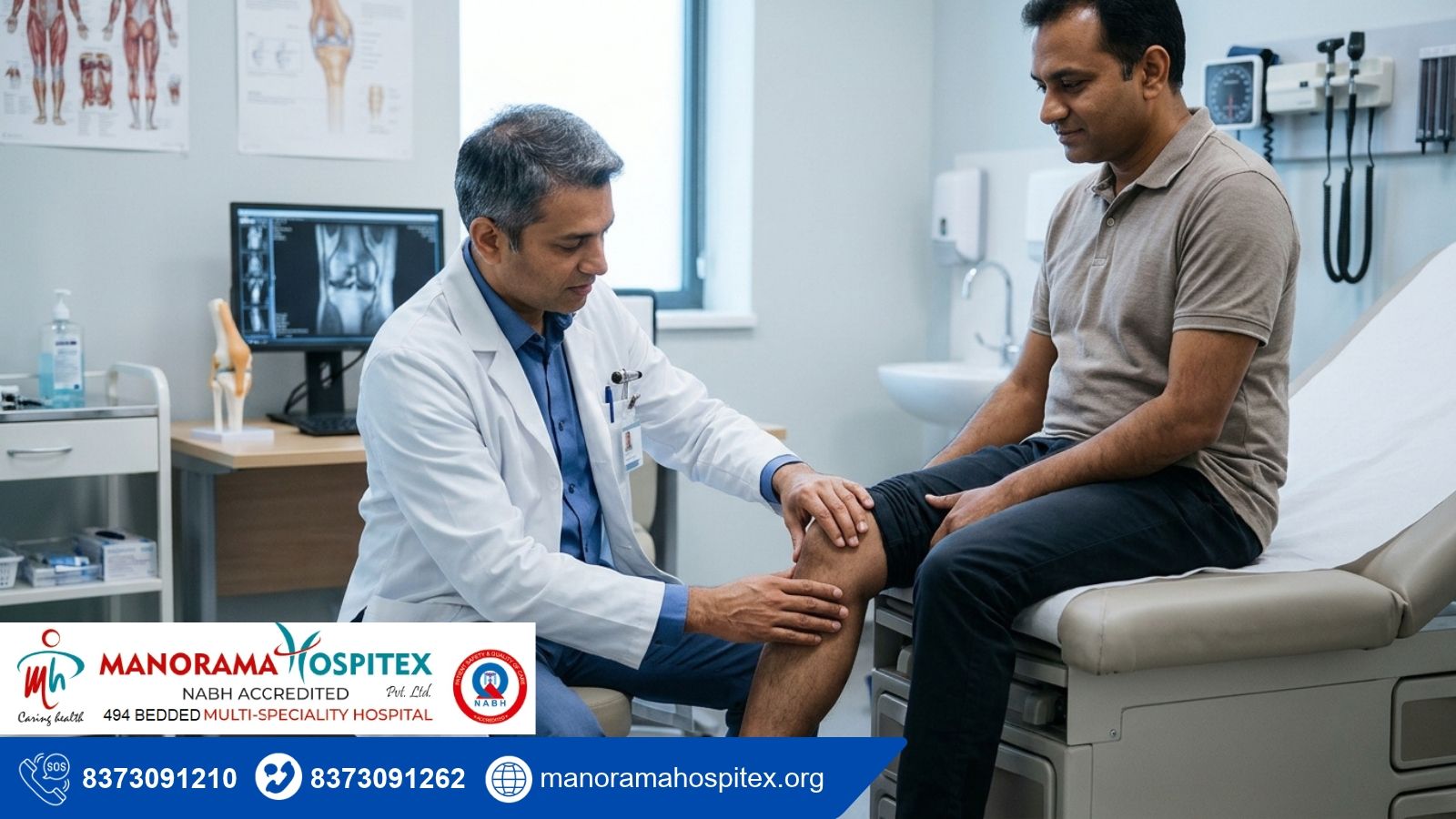 Orthopedic doctor examining an adult patient's kne